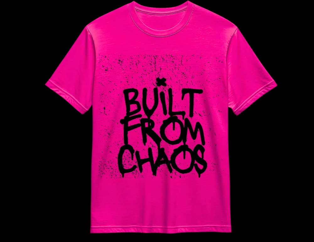 Pink Built From Chaos splatter tee — bold statement graphic, NJ small-shop print
