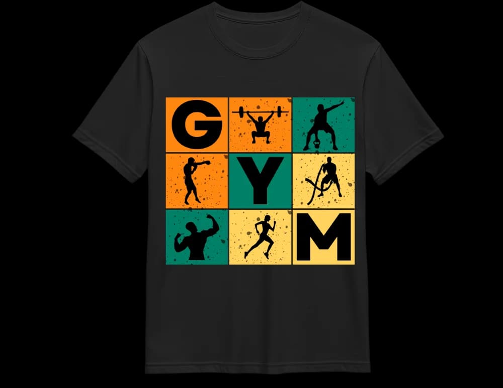 Black GYM multi-sport mosaic tee — boxer runner lifter graphic