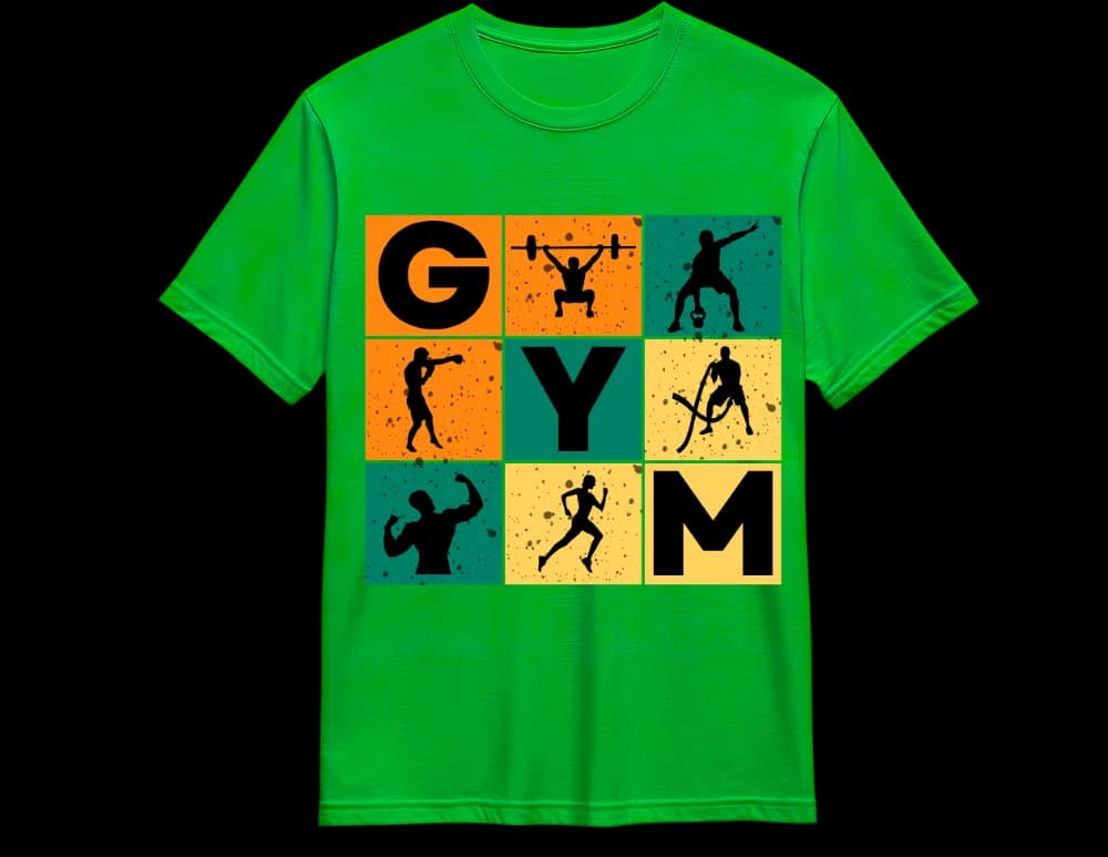 Green GYM mosaic t-shirt — color-block training graphic
