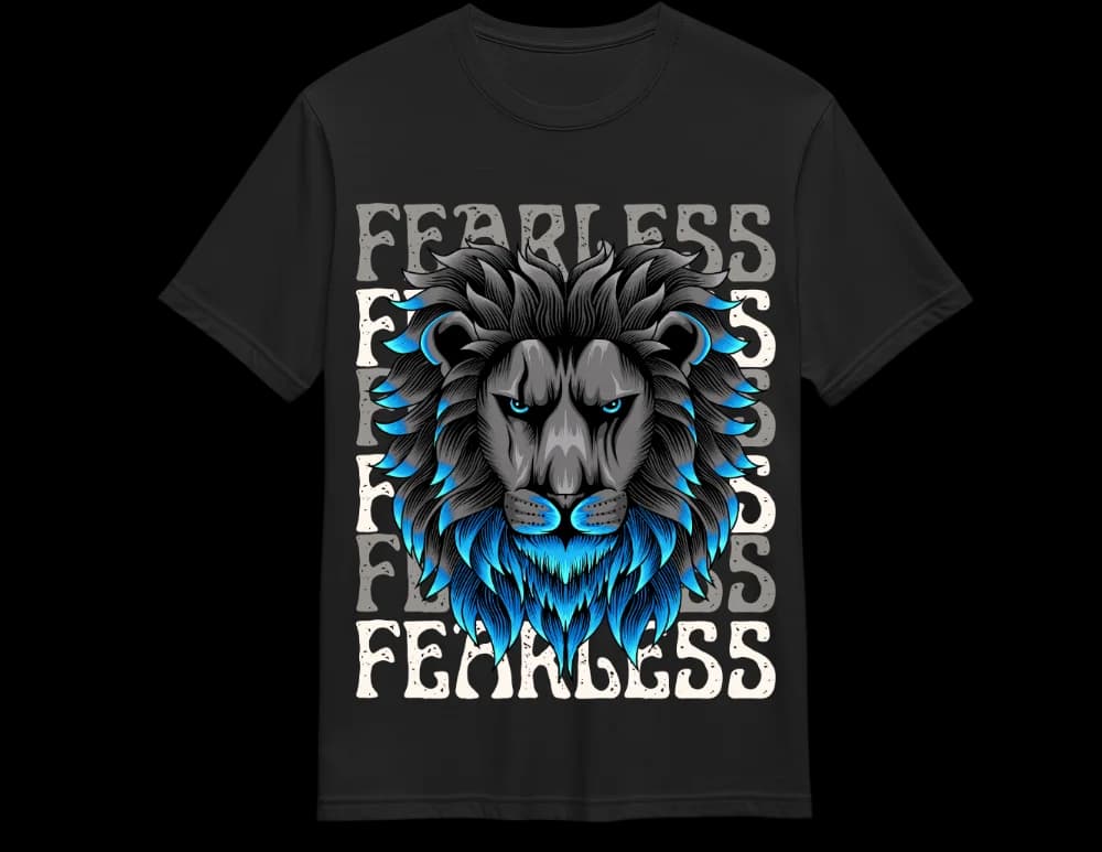 Black Fearless lion graphic tee — detailed mane and electric blue print